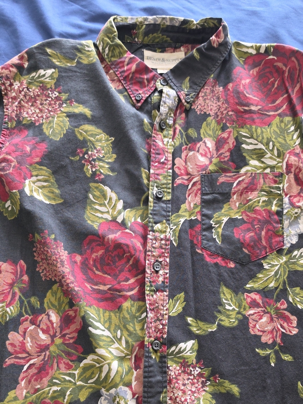 Denim & Supply Ralph Lauren Black Button-Down Shirt with Pink Rose Floral Print